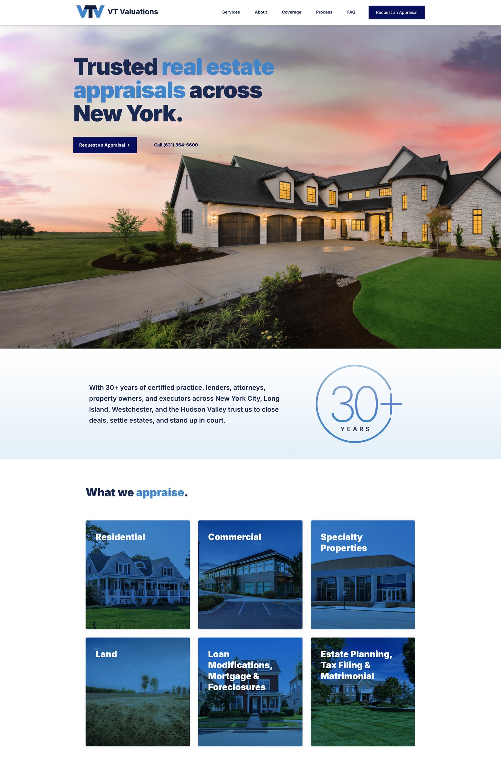 The new vtvaluations.com: homepage hero, 30+ years credentials band, and appraisal services grid
